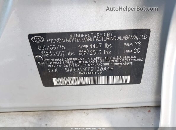 5NPE24AF8GH320058 2016 HYUNDAI SONATA Silver ძრავის განყოფილების ხედი