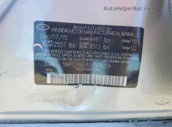 5NPE24AF8GH368224 2016 HYUNDAI SONATA Silver Widok komory silnika