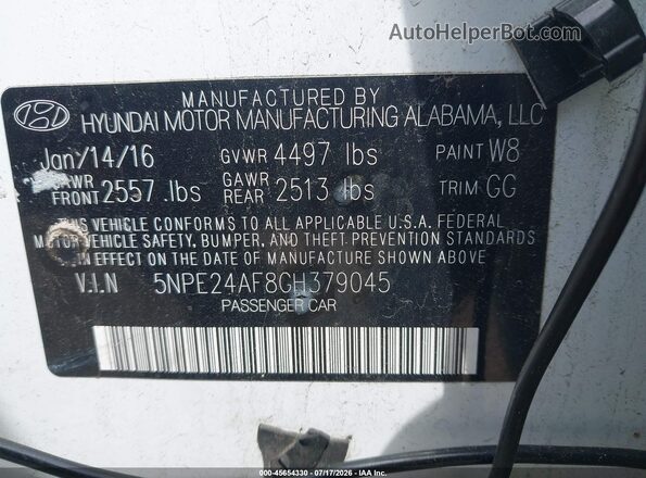 5NPE24AF8GH379045 2016 HYUNDAI SONATA White Widok komory silnika