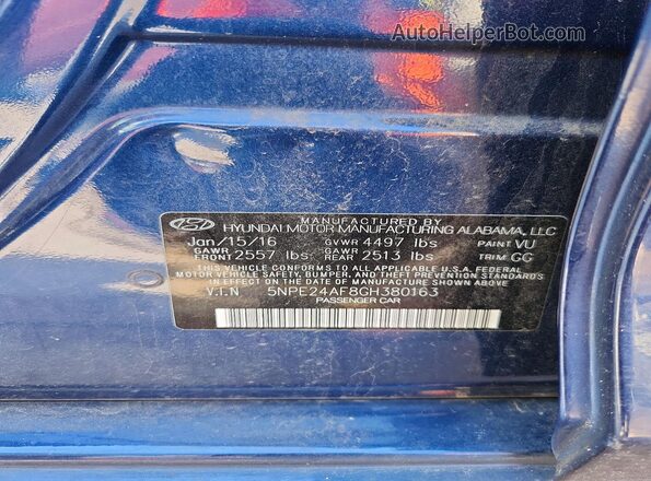 5NPE24AF8GH380163 2016 HYUNDAI SONATA Blue Շարժիչի բաժամունքի տեսք