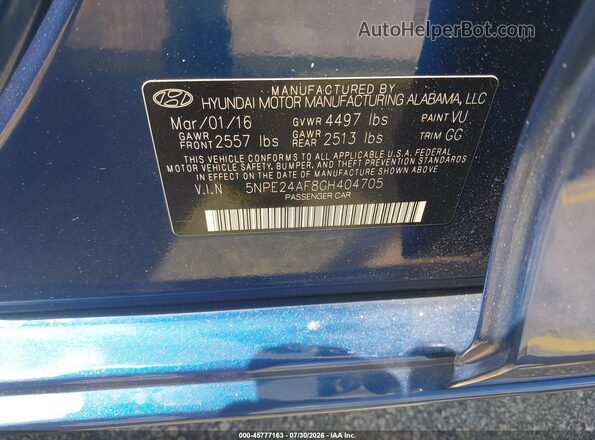 5NPE24AF8GH404705 2016 HYUNDAI SONATA Blue Вид підкапотного простору