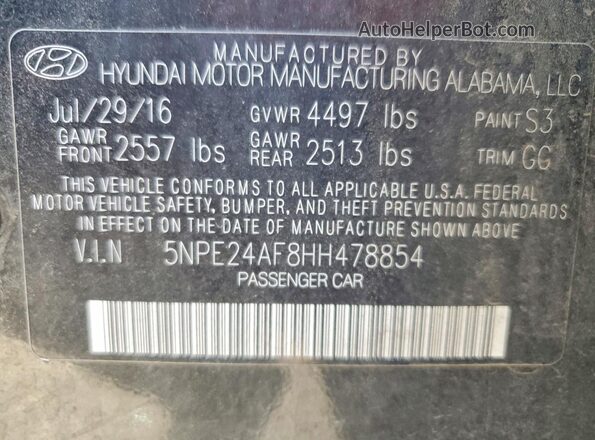 5NPE24AF8HH478854 2017 HYUNDAI SONATA Black Շարժիչի բաժամունքի տեսք