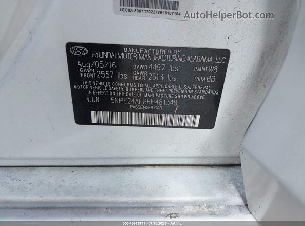 5NPE24AF8HH481348 2017 HYUNDAI SONATA White Vista del compartimento del motor