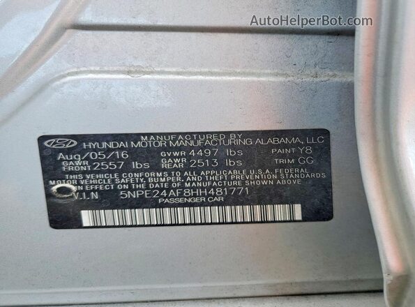 5NPE24AF8HH481771 2017 HYUNDAI SONATA Silver VIN sticker view