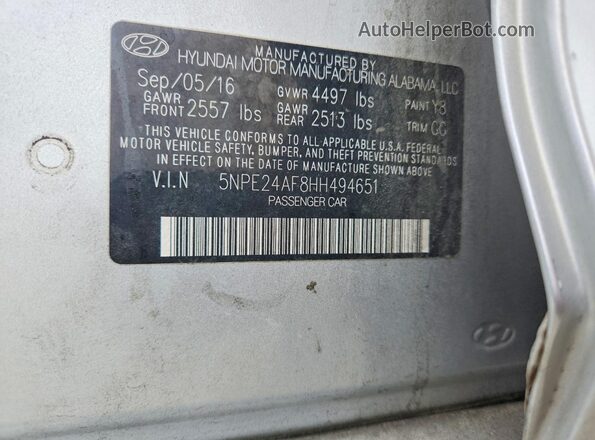 5NPE24AF8HH494651 2017 HYUNDAI SONATA Silver ძრავის განყოფილების ხედი