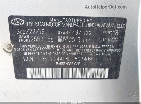 5NPE24AF8HH502909 2017 HYUNDAI SONATA Серебряный Вид подкапотного пространства