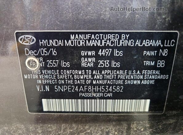 5NPE24AF8HH534582 2017 HYUNDAI SONATA Brown VIN კოდის სტიკერის ხედი