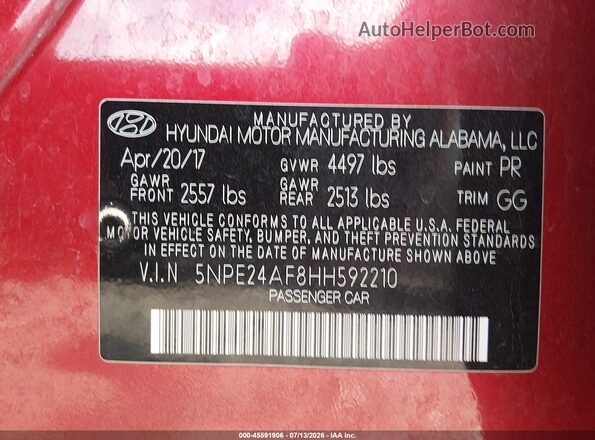 5NPE24AF8HH592210 2017 HYUNDAI SONATA Red Շարժիչի բաժամունքի տեսք