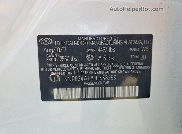 5NPE24AF8JH638253 2018 HYUNDAI SONATA White Widok komory silnika