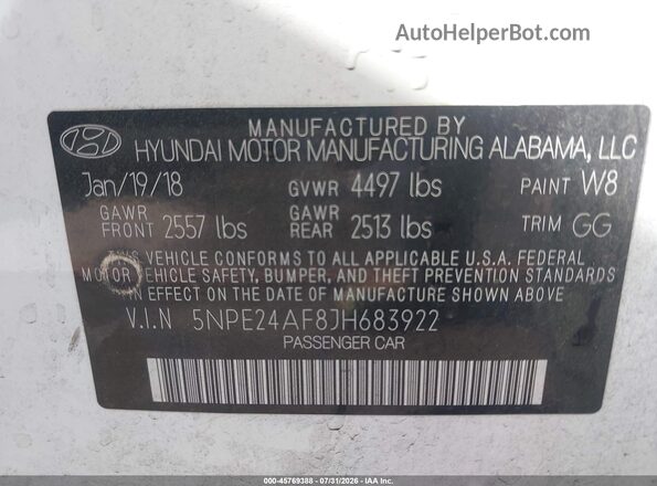 5NPE24AF8JH683922 2018 HYUNDAI SONATA Белый Вид подкапотного пространства