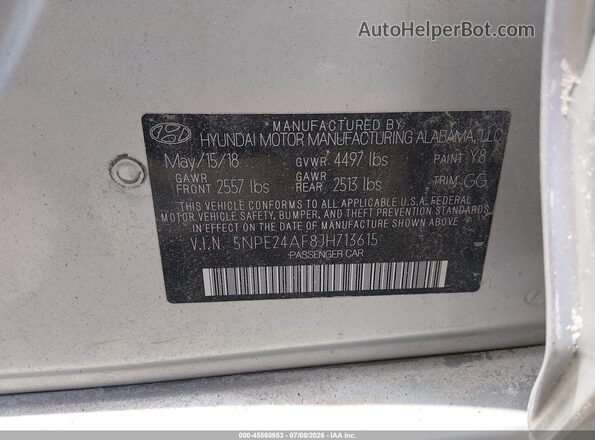 5NPE24AF8JH713615 2018 HYUNDAI SONATA Silver Vista del compartimento del motor