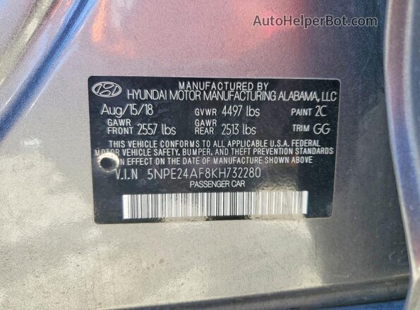 5NPE24AF8KH732280 2019 HYUNDAI SONATA Gray Vista de la etiqueta del VIN
