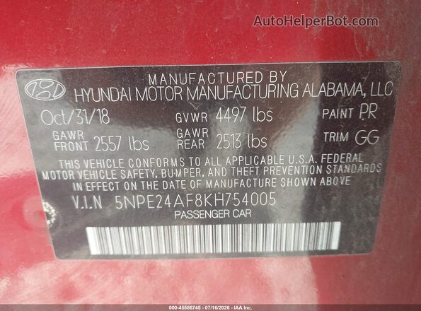 5NPE24AF8KH754005 2019 HYUNDAI SONATA Красный Вид подкапотного пространства