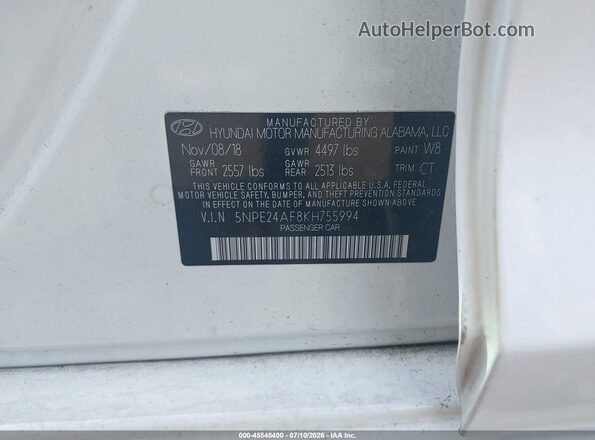 5NPE24AF8KH755994 2019 HYUNDAI SONATA White Widok komory silnika