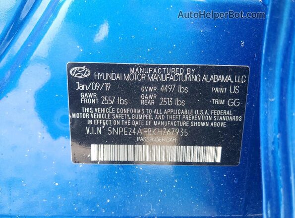 5NPE24AF8KH767935 2019 HYUNDAI SONATA Синий Вид подкапотного пространства