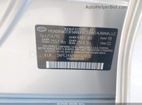 5NPE24AF9GH323132 2016 HYUNDAI SONATA Silver Շարժիչի բաժամունքի տեսք