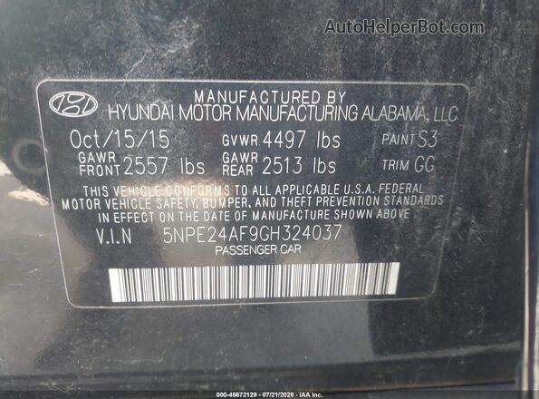 5NPE24AF9GH324037 2016 HYUNDAI SONATA Black Вид підкапотного простору