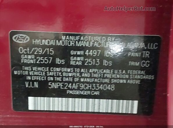 5NPE24AF9GH334048 2016 HYUNDAI SONATA Красный Вид подкапотного пространства