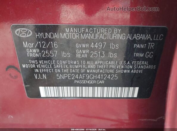 5NPE24AF9GH412425 2016 HYUNDAI SONATA Red Engine compartment view
