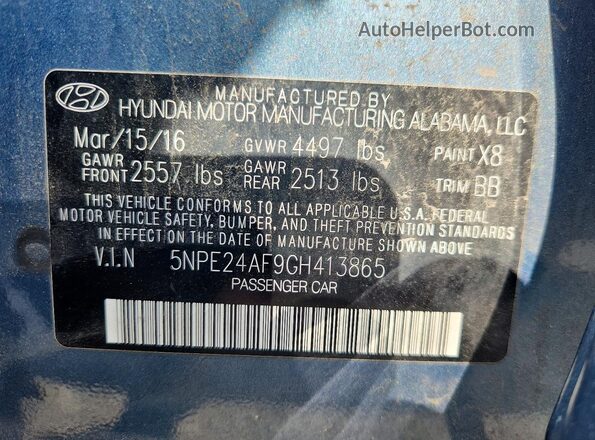 5NPE24AF9GH413865 2016 HYUNDAI SONATA Синий Вид подкапотного пространства