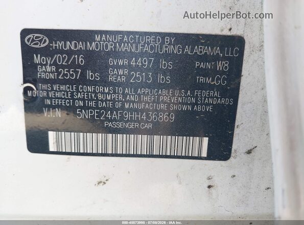 5NPE24AF9HH436869 2017 HYUNDAI SONATA White ძრავის განყოფილების ხედი