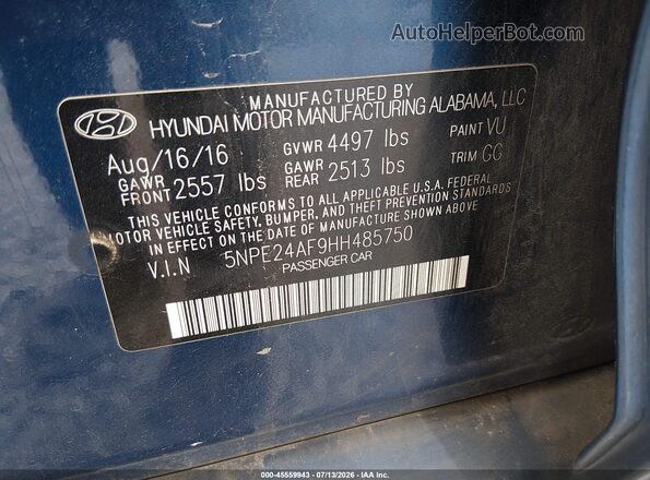 5NPE24AF9HH485750 2017 HYUNDAI SONATA Blue Շարժիչի բաժամունքի տեսք