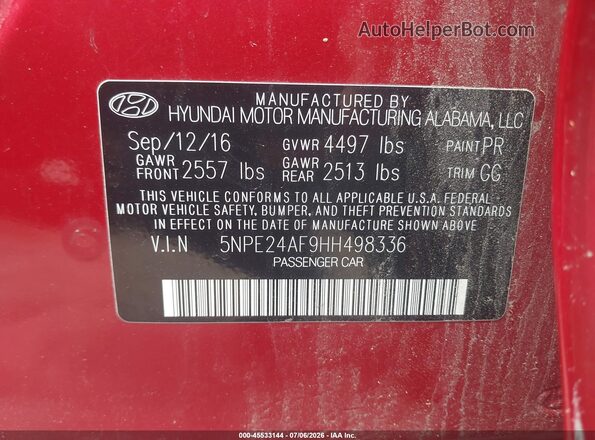 5NPE24AF9HH498336 2017 HYUNDAI SONATA Red Вид підкапотного простору