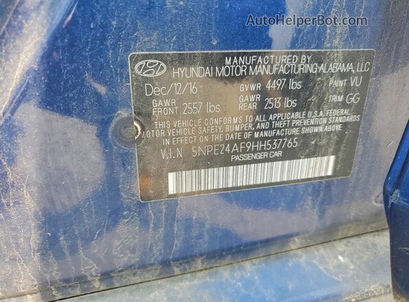 5NPE24AF9HH537765 2017 HYUNDAI SONATA Blue Vista del compartimento del motor