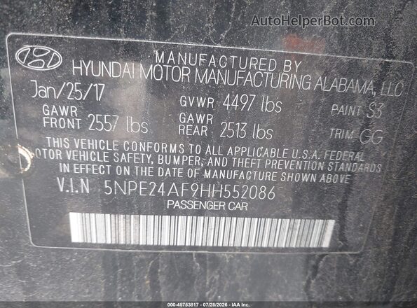 5NPE24AF9HH552086 2017 HYUNDAI SONATA Black Vista del compartimento del motor