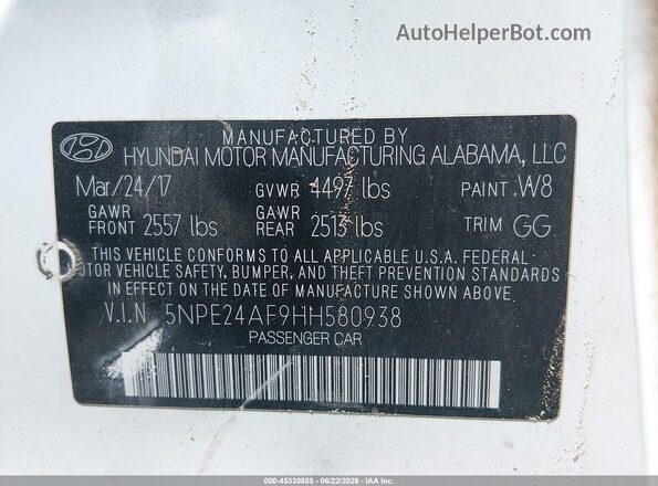 5NPE24AF9HH580938 2017 HYUNDAI SONATA White Widok komory silnika