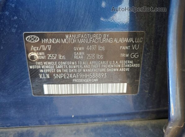 5NPE24AF9HH588893 2017 HYUNDAI SONATA Blue Вид підкапотного простору