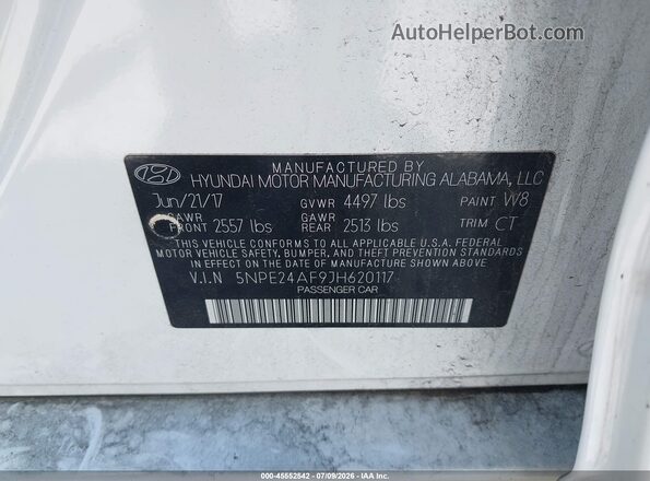 5NPE24AF9JH620117 2018 HYUNDAI SONATA White Widok komory silnika
