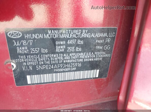 5NPE24AF9JH625916 2018 HYUNDAI SONATA Red Vista del compartimento del motor