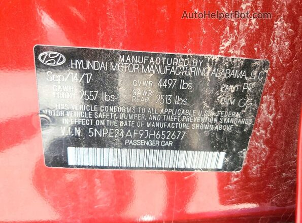 5NPE24AF9JH652677 2018 HYUNDAI SONATA Red ძრავის განყოფილების ხედი