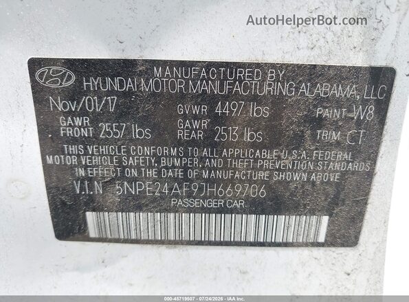 5NPE24AF9JH669706 2018 HYUNDAI SONATA White Vista del compartimento del motor