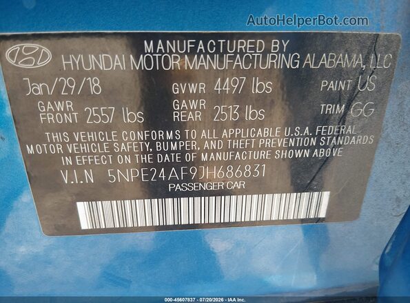 5NPE24AF9JH686831 2018 HYUNDAI SONATA Blue Vista del compartimento del motor