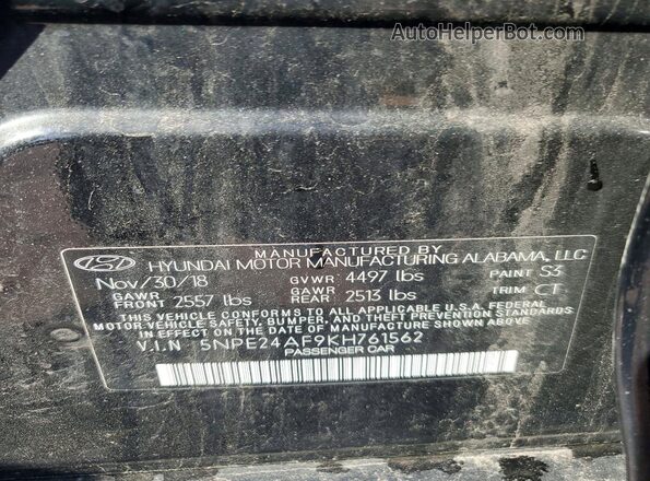 5NPE24AF9KH761562 2019 HYUNDAI SONATA Черный Вид подкапотного пространства