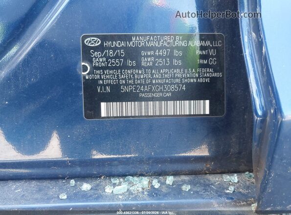 5NPE24AFXGH308574 2016 HYUNDAI SONATA Синий Вид подкапотного пространства