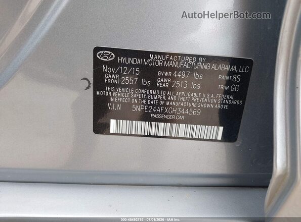 5NPE24AFXGH344569 2016 HYUNDAI SONATA Gray Вид підкапотного простору