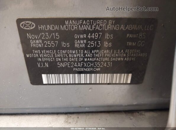 5NPE24AFXGH352431 2016 HYUNDAI SONATA Серый Вид подкапотного пространства