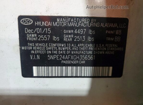 5NPE24AFXGH356561 2016 HYUNDAI SONATA White Engine compartment view