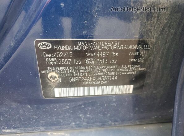5NPE24AFXGH357144 2016 HYUNDAI SONATA Синий Вид подкапотного пространства