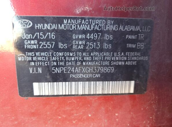 5NPE24AFXGH379869 2016 HYUNDAI SONATA Red ძრავის განყოფილების ხედი
