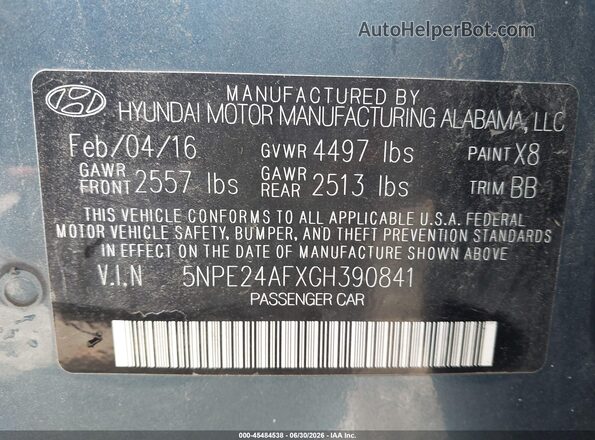 5NPE24AFXGH390841 2016 HYUNDAI SONATA Blue Widok komory silnika