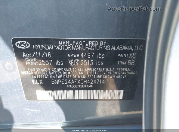 5NPE24AFXGH424714 2016 HYUNDAI SONATA Blue Vista del compartimento del motor