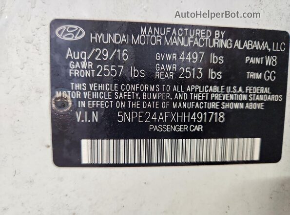 5NPE24AFXHH491718 2017 HYUNDAI SONATA White Widok naklejki z numerem VIN