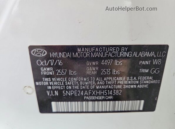 5NPE24AFXHH514382 2017 HYUNDAI SONATA White Engine compartment view