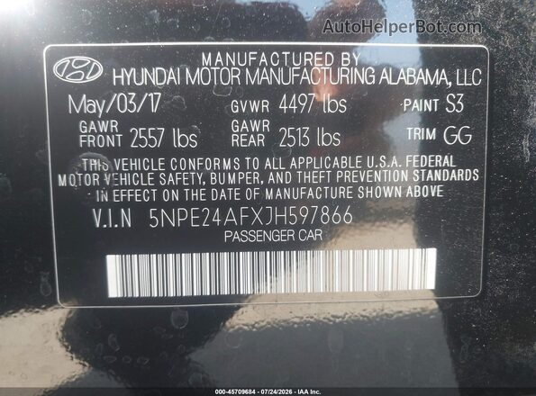 5NPE24AFXJH597866 2018 HYUNDAI SONATA Black Vista del compartimento del motor