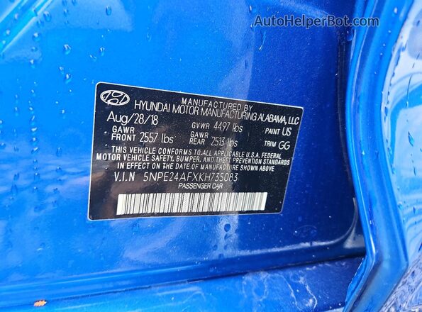 5NPE24AFXKH735083 2019 HYUNDAI SONATA Blue Vista del compartimento del motor