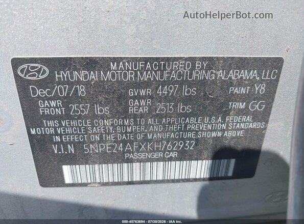 5NPE24AFXKH762932 2019 HYUNDAI SONATA Silver Engine compartment view